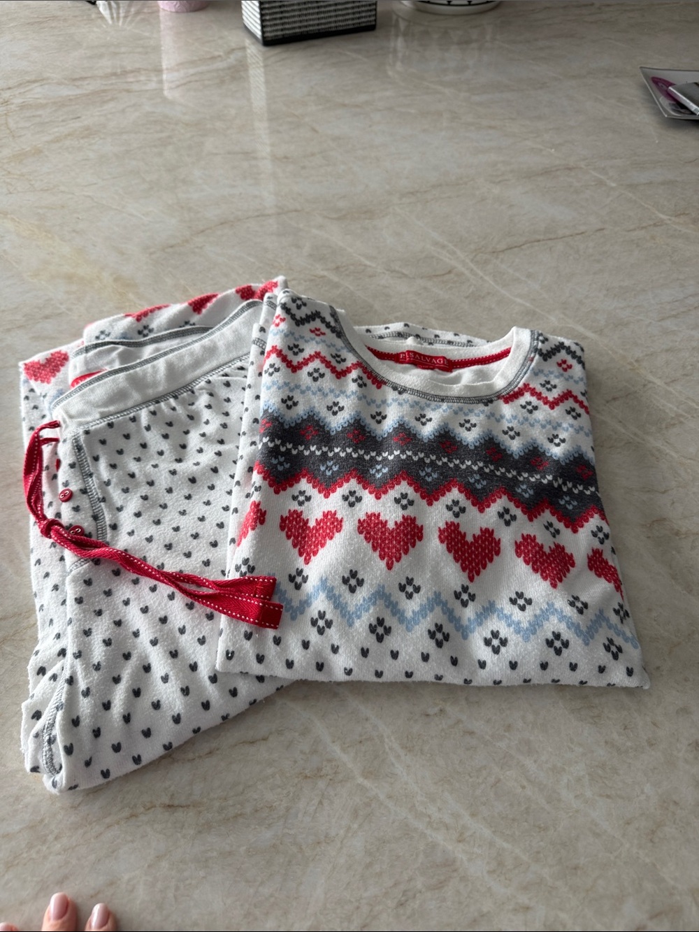 PJ Salvage White Red Gray Light Blue Heart Fair Isle Pajama Set